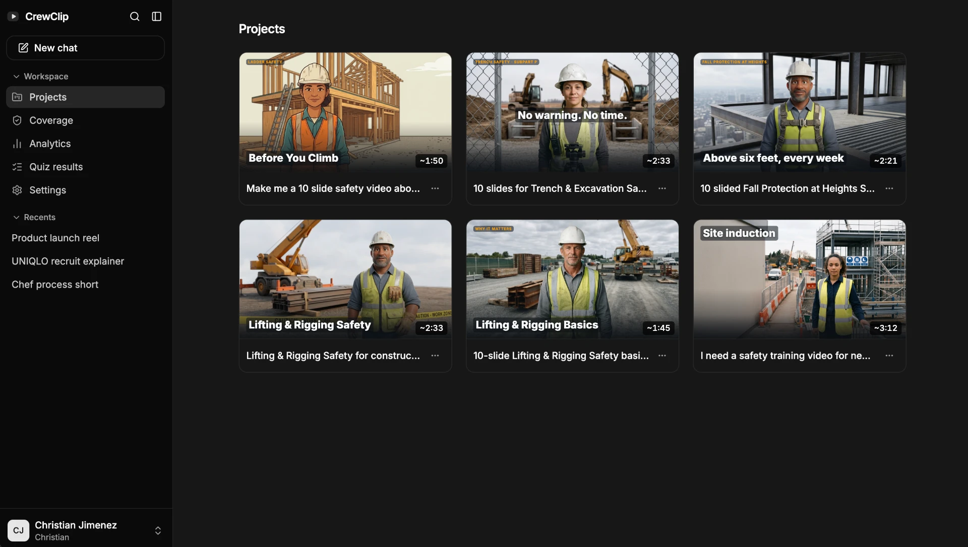 Crew-Clip projects library showing saved toolbox talk videos with status and dates