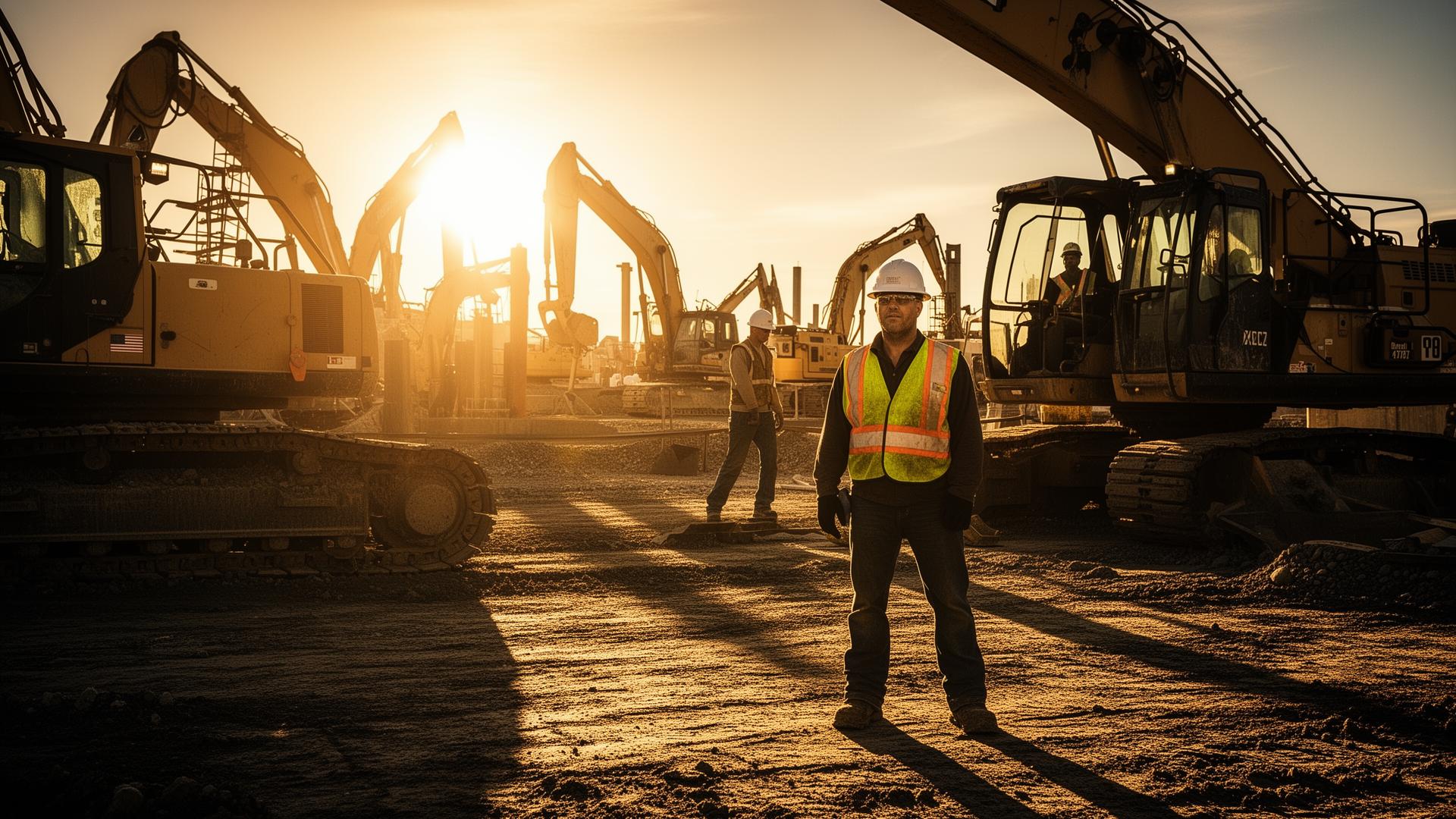 Construction crew at sunrise on a heavy industrial jobsite